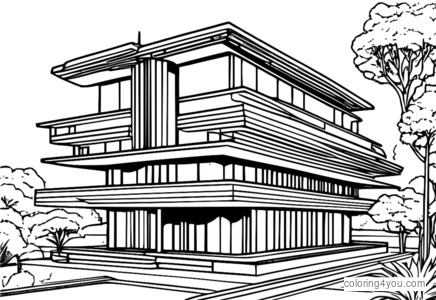 pahina ng pangkulay ng isang futuristic na gusali na may high-tech at modernong disenyo.