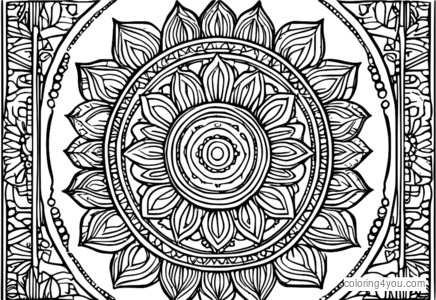 pagina da colorare di un mandala di ispirazione indiana con motivi geometrici