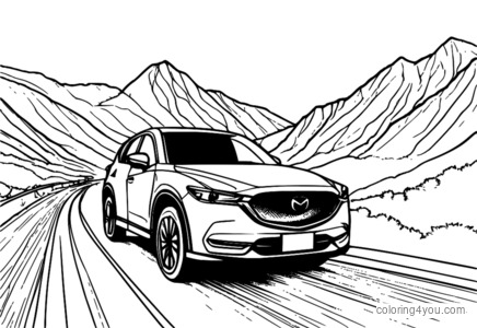 Minimalist na ilustrasyon ng isang Mazda CX-50 na nagmamaneho sa mabundok na kalsada na may matarik na sandal at matalim na pagliko