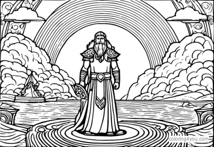 Pagina da colorare di Aegir, dei nordici, ponte Bifrost, arcobaleno, dio del mare