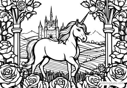 Unicorn in field of roses with castle in background