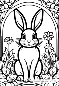 Dibujo para colorear de un conejito de Pascua escondido en un colorido jardín de flores