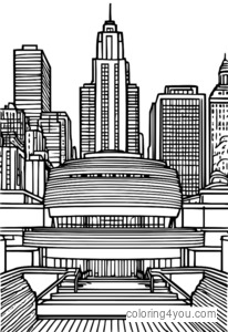 Guggenheim Museum exterior facade coloring page, modernong arkitektura