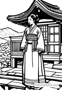 Desenhos de Hanbok e casa tradicional para colorir