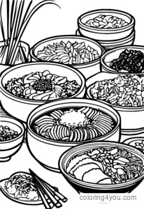 Dibujo para colorear de un thali tradicional coreano con bibimbap y bulgogi