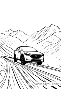 Minimalistisk illustration av en Mazda CX-50 som kör genom en bergig väg med branta lutningar och skarpa svängar