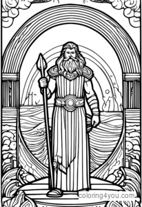 Pagina da colorare di Aegir, dei nordici, ponte Bifrost, arcobaleno, dio del mare