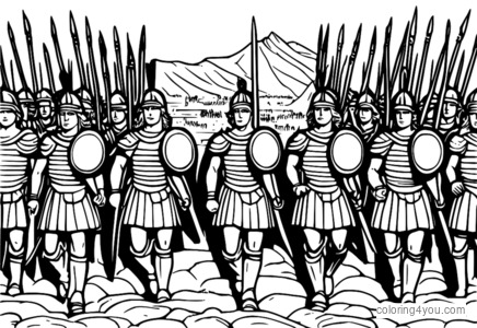 pahina ng pangkulay ni Alexander the Great na nangunguna sa isang phalanx formation, kasama ang mga sundalong nakapaligid sa kanya.