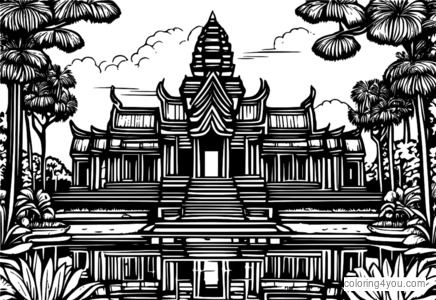 Úchvatná ilustrácia záhrad obklopujúcich chrám v Angkor Wat s kvetmi a stromami