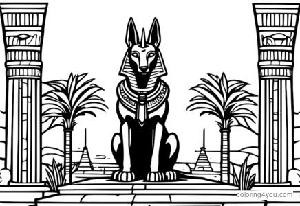 Anubis avec une tête de chacal debout devant un ancien obélisque avec un grand sourire