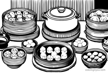 Tranh tô màu món dim sum trong giỏ hấp