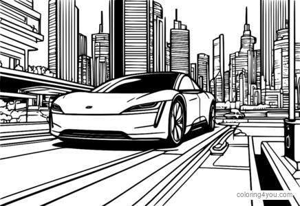 Ilustração de um carro elétrico carregando em uma estação de carregamento futurista com uma paisagem urbana