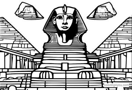 Coloring page of the Great Sphinx with pyramids in an ancient Egyptian wall painting style