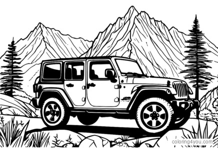 Ilustração minimalista de um Jeep Wrangler a caminho de um pitoresco pico de montanha com rochas escarpadas e uma árvore imponente