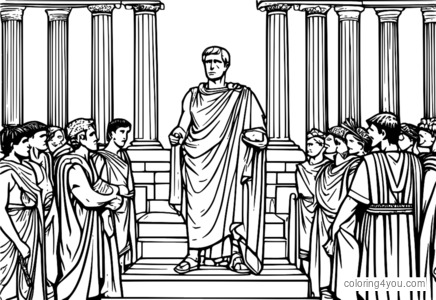 Julius Caesar as a Roman politician, wearing a toga and talking to people.