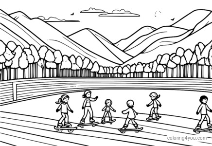 Coloriage pour enfants qui font du patin à glace dans la neige en été