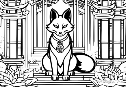 Sekshalet Kitsune, der tjener som en mægtig guddom i et Shinto-tempel - dramatisk illustration