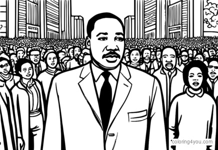 Martin Luther King Jr. kráčí před davem lidí, kteří drží cedule s nápisem „rovnost“ a „spravedlnost“