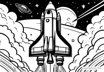 Coloring page of a spacecraft rocket in flight