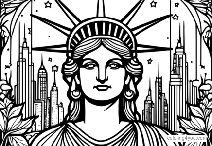 Coloring page of the Statue of Liberty in a fantasy world in New York City