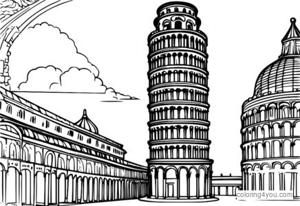 Halaman pewarna Steampunk Condong Tower of Pisa dengan mekanisme kerja jam