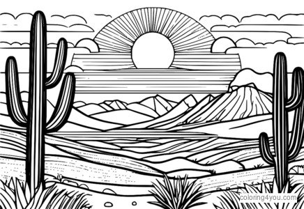 Desenho de Nascer do sol sobre o deserto para colorir