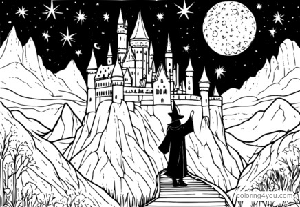 Wizard standing in front of starry night sky with castle in background