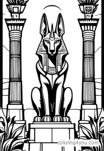 Anubis avec une tête de chacal debout devant un ancien obélisque avec un grand sourire