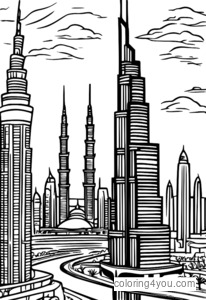 Burj Khalifa í Dubai næturlitasíðu