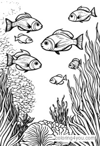 Coloring pages of a school of colorful fish swimming through a coral reef