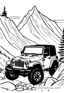 Minimalistická ilustrace Jeepu Wrangler na cestě na malebný horský vrchol s drsnými skalami a tyčícím se stromem