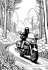 coloriage d'une moto dans la forêt printanière