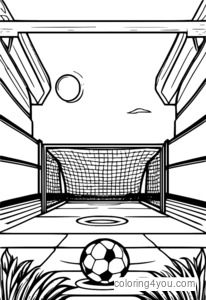 Strak voetbalveld met doelen en modieuze thema's kleurplaat.