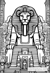 An Egyptian sphinx with hieroglyphics in the background