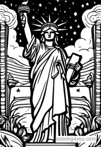 Coloring page of the Statue of Liberty in a fantasy world in New York City