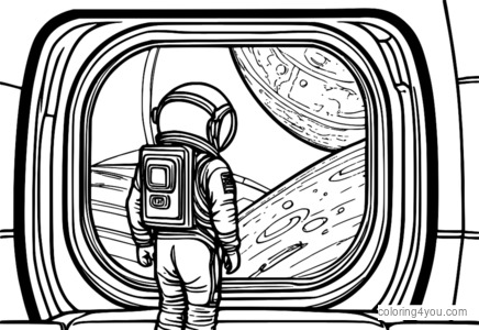 Coloring page of kid in space suit looking out space station window