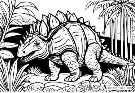 Colorful Ankylosaurus illustration with armored body and lush greenery in a prehistoric forest.