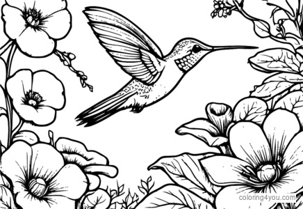 pagina da colorare di un colibrì che sorseggia il nettare di un vibrante fiore autunnale in un giardino