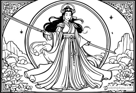 Chang'e segurando uma espada mágica.