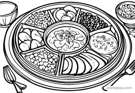 Dibujo para colorear de un thali tradicional italiano con pasta y pizza.