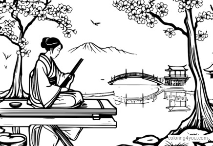 A koto player in a serene Japanese garden with a cherry blossom tree and a peaceful pond.