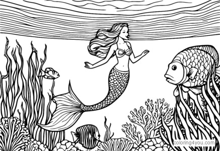 Mermaid swimming in the coral reef coloring page