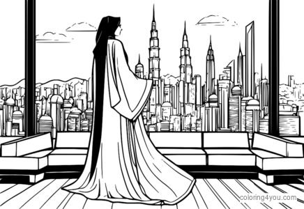 Stylish woman wearing a modern thobe and abaya in front of a city skyline