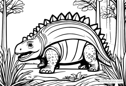 Colorful illustration of a mother Ankylosaurus and its infant in a lush prehistoric forest.