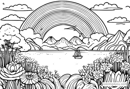 kleurplaat van een prachtige regenboog die door de wolken schijnt en een drijvend eiland verbindt met sprankelend licht en kleurrijke bloemen