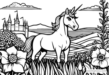 Unicorn într-un câmp de flori lângă Castelul Camelot