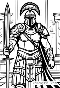 coloriage d'un gladiateur portant une armure et un casque.