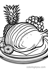 Ham coloring page with pineapple rings and cherry.