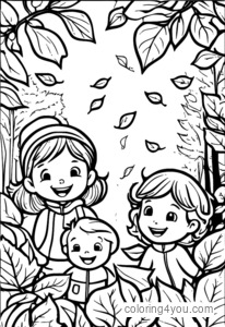 Happy illustration of kids laughing in a pile of autumn leaves with a smile on their faces