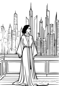 Donna elegante che indossa un moderno thobe e abaya davanti allo skyline della città